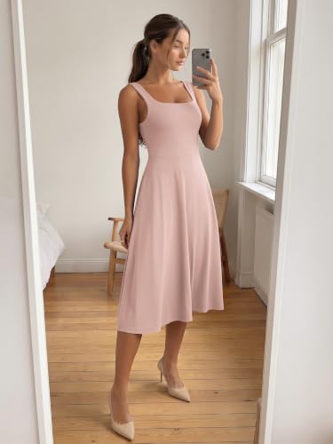 Image of ODODOS Square Neck Midi Dress with Pockets for Women Summer Casual Sleeveless Sundress Flare Tank Dress