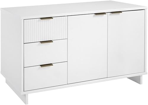 Manhattan Comfort Granville 55-Inch Modern Sideboard Buffet Cabinet with Storage for Dining and Living Room Use, 3 Full Extension Soft Close Drawers and Concealed Shelves, White