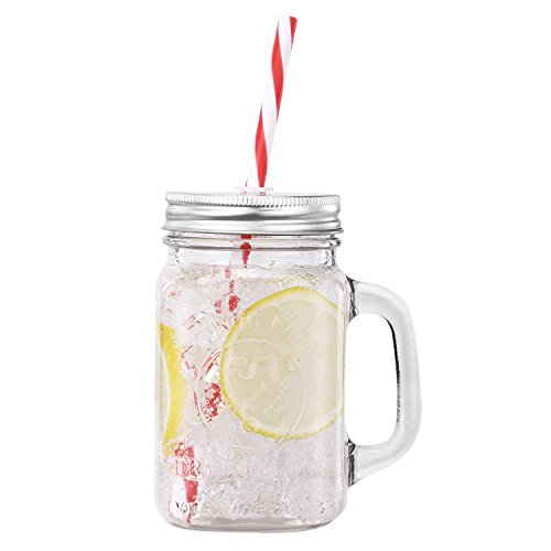 Mason Jar Mugs With Handle, Silver Lid And Plastic Straws. 16 Oz. Each. Old Fashion Drinking Glasses - Pack Of 4. By Premium Vials #TOP3