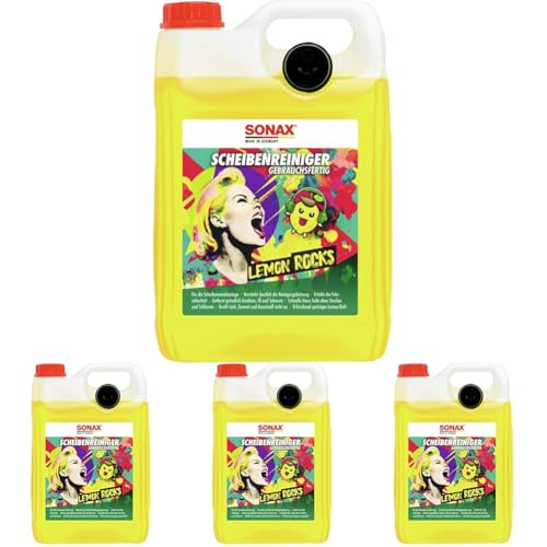 SONAX ScheibenReiniger gebrauchsfertig Lemon Rocks (5 Liter) entfernt Insekten-, Öl-, Silikon- und typische Straßenverschmutzungen | Art-Nr. 01605000 (Packung mit 4)