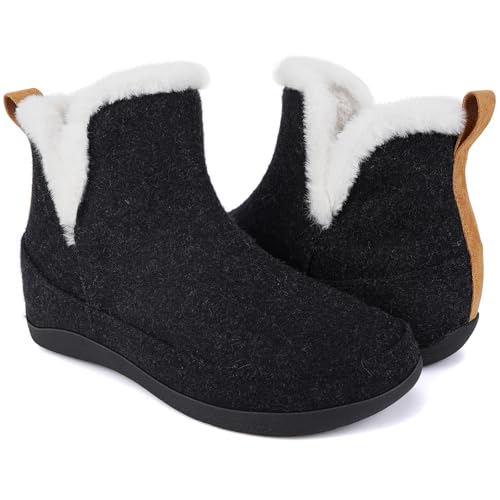 ERGOfoot Slipper Boots With Arch Support for Women Men, Comfy Plantar Fasciitis Orthopedic Slippers for Indoor Outdoor, Wool Felt Slipper Booties with Warm Cozy Plush Faux Fur Lining