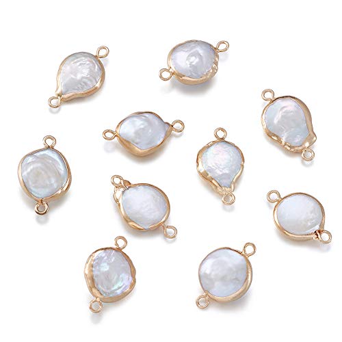 Fashewelry 10Pcs Natural Pearl Pendant Connectors Flat Round Keshi Pearl Charm Links with Gold Edge Wrapped 20x13-15mm for Jewelry Making Hole: 1.5mm
