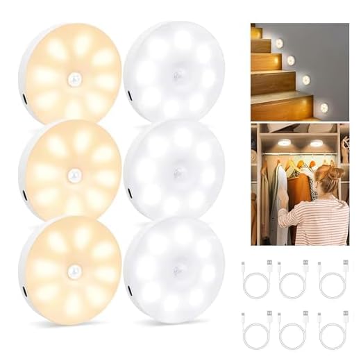 Kimuwote 6 Piezas Luz Nocturna con Detector De Movimiento Usb Recargable, 3 Modos LáMpara con Sensor de Movimiento Para Interiores, IluminacióN Led Para Escaleras, IluminacióN de Armario