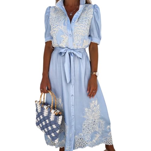 Image of Broderie Anglaise Belted Shirt Dress for Women (S,Sky Blue)