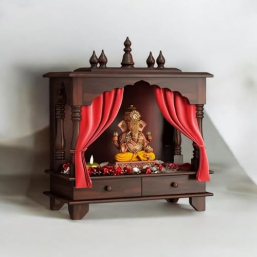 Image of MISAN Wooden Wall Mounted Temple, Traditional Indian Style, Sheesham Wood,Sheesham Wood Pooja Mandir for Home (Walnut)
