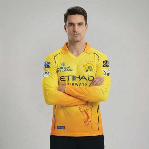 Image of playR x Chennai Super Kings Original Match Jersey IPL 2026 - Adult Dhoni 7 Long Sleeve CSK Cricket T-Shirt, Regular Fit Sportswear Tee for Training, Outdoor & Match Day Activewear for All Season
