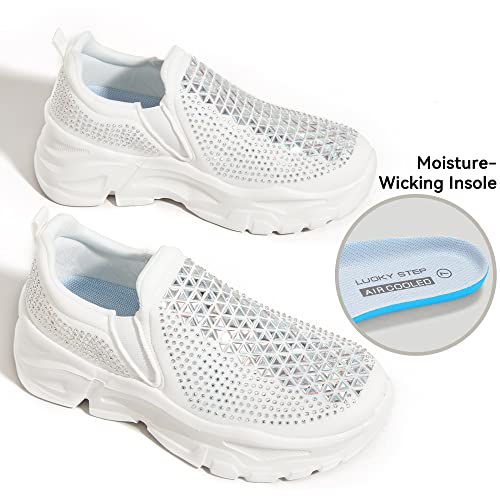 Lucky Step Women Rhinestone Chunky Sneaker Platform Sparkly Elastic Slip On Walking Shoes(White Rhinestone,8 B(M) Us) #TOP3