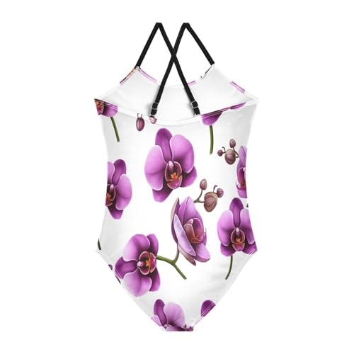 Girl Bathing Suits Beach Bathing Suits Girls 3-10 Y with Adjustable Shoulder Strap, Purple Orchid Flowers White2