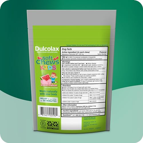 Dulcolax Kids Saline Laxative Soft Chews, Stimulant-Free Laxatives, Gentle Constipation Relief for Kids, Softens Stool, Watermelon Flavor, Magnesium Hydroxide 1200 mg, 15 Count - Thumbnail 3