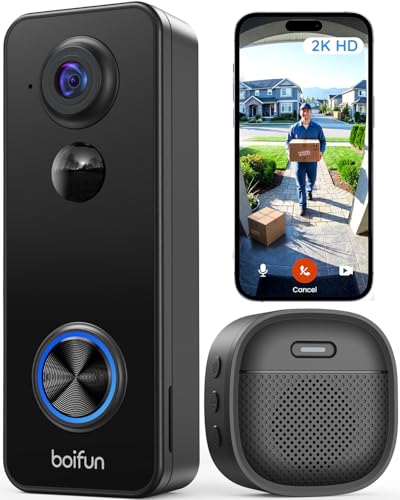 BOIFUN 2K HD Sonnette sans Fil Exterieur Etanche, Vision à 180°, Sonnette sans Fil avec Camera, Installation Facile, Détection IA Avancée, Vision Nocturne, Stockage Carte SD, WiFi 2,4 GHz Uniquement