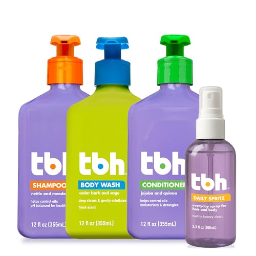 TBH Kids & Teen Hair and Body Care Set – Shampoo, Conditioner & Body Wash with Natural Ingredients – Sulfate & Paraben Free – Gentle for All Hair & Skin Types – 3 Pk, 12 oz Each – Plus Free Body Mist