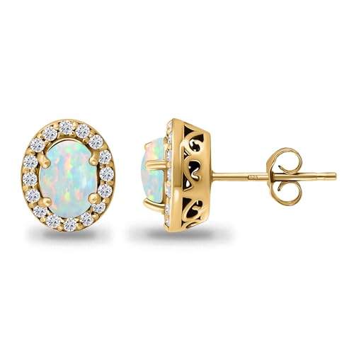 ICE GEMS Birthstone Earrings for Women, 925 Sterling Silver Yellow Gold Flashed Genuine, Created or Simulated Gemstone & CZ Accents 11mmx9mm Oval Halo Stud Earrings