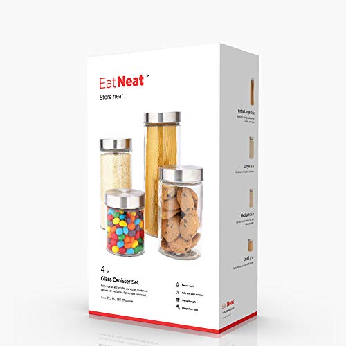EatNeat 4-Piece Beautiful Glass Kitchen Canister Set with Stainless Steel Lids, Round Dry Food Storage Containers