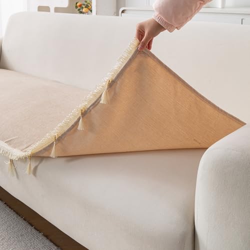 Image of HOKIPO 'Serenity Tassel' Chenille 2 Seater Sofa Cover with Tassel - Ivory Fringe (IN-891-BGE)
