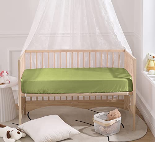 Image of SiinvdaBZX Satin Mini Crib Sheets 38 x 24In, Sage Green | Silk-Like Soft Mini Portable Crib Sheets Mattress Cover Portable Playard Sheets with 5In Deep Pocket, Great for Baby Hair