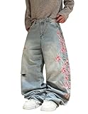 QGRSWBC Men's Baggy Jeans Blossom Embroidery Pattern Wide Leg Y2K Jeans Mid Rise Denim Pants Streetwear Light Blue L