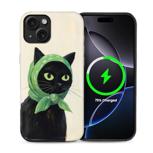 Coque iPhone 14 antichoc Magsafe chat noir écharpe verte