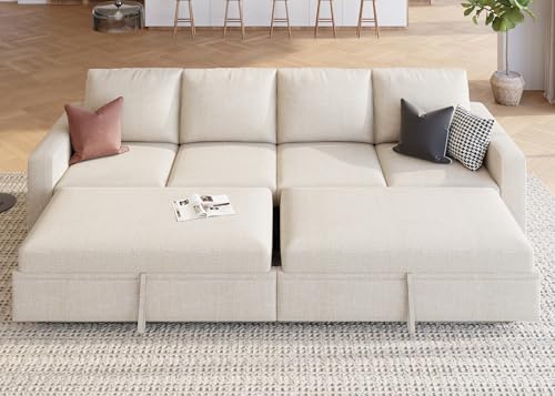 Image of HONBAY Modular Sectional Sleeper Sofa Bed, with Pull Out Bed, Linen Convertible Sectional Couches for Living Room - Beige