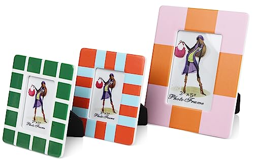 Gurfuy Set of 3 Picture Frame Tabletop - Colored Ceramic Photo Frames Table Top Display 2 of 2x3”, 1 of 3x5” Horizontal Vertical Formats for Home Hotel Decor (Can’t for Wall) Colored A