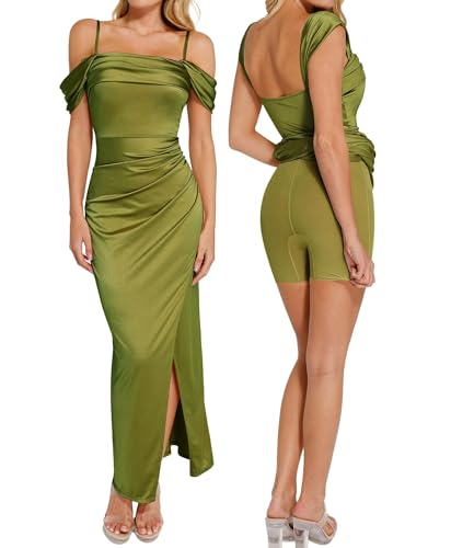 Popilush Women Shapewear Maxi Dresses Slit Ruched Off The Shoulder