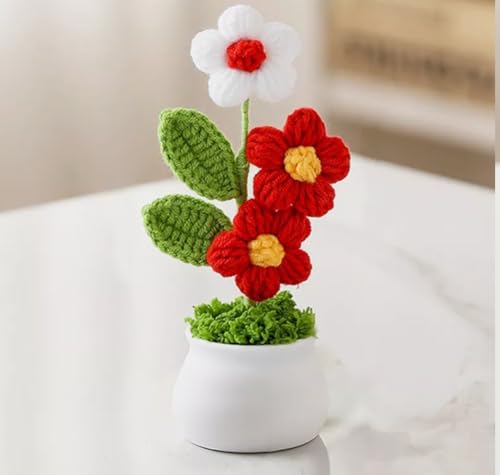 Image of VRB Dec Plastic TM 1 Pcs Crochet Flowers Artificial Daisy for Office Desk Car Dashboard Decor,Home Decoration, Office, Bedroom, Christmas Decor, Wedding,Diwali. (Triple Red Daisy with Pot)