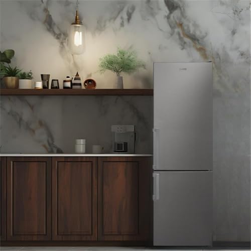 Image of Pemberly Row 12 cu. ft No Frost Bottom Freezer Refrigerator, Garage Ready, LED Lighting, Energy Efficient Design, Adjustable Glass Shelves, Dual Temperature Control, Compact Modern Style, White Finish