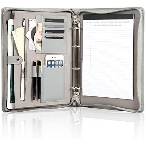 Calfinder Conference Folder 4 Binder Ring Binder, Vegan Leather A4 Ring Binder Folder with A4 Writing Pad, Adults' Folder with Zip, Organiser Folder Office Folder, Grey, Gift Cover