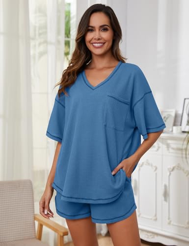 Image of Womens Pajama Sets Waffle Knit 2 Piece Short Lounge Set Cute Sleep Loungewear Pjs Set Short Sleeve Top and Shorts
