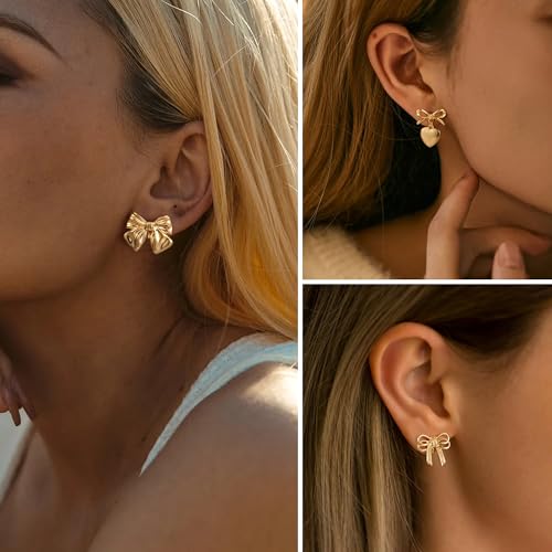 THUNARAZ Bow Clip on Earrings for Women Girls 14K Gold Plated Statement Earrings Clips Non Piercing Ribbon Long Dangle Drop Tassel Clip-on Earrings Sparkly Jewelry Gift Set4