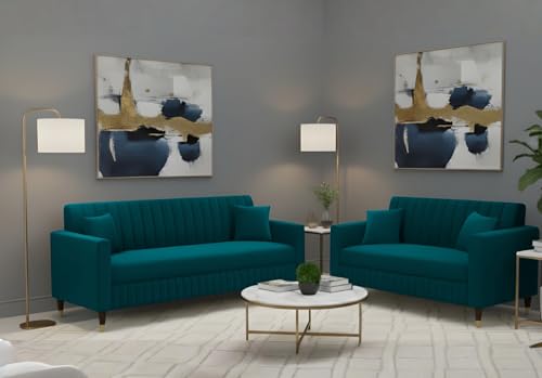 Image of AMATA Omega 3+2 Seater Ocean Blue Suede Velvet Sofa Set with Two Cushions Perfect for Home Office Guests Living Room (06 Ocean Blue, Omega 3+2 Seater Sofa)(3 Year Warranty)