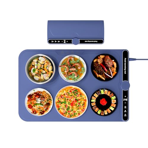 Generic Food Warming Mat, Blue, Silicone Electric Warming Tray, 9 Level Temperature & 6 Heat Timed Functionality, Portable Auto Shut-Off Food Warmer