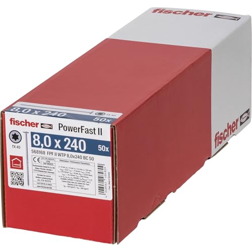 fischer PowerFast II WTP 8,0 x 240, kraftvolle Holzbauschraube mit Tellerkopf, Innenstern-Aufnahme und Teilgewinde, fĂĽr den konstruktiven Holzbau, 50 Stk.