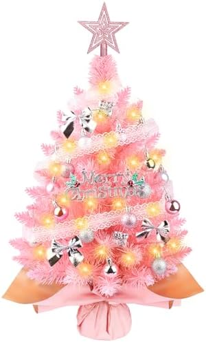 Small Pink Christmas Tree with Lights, 2ft Artificial Mini Tablet...