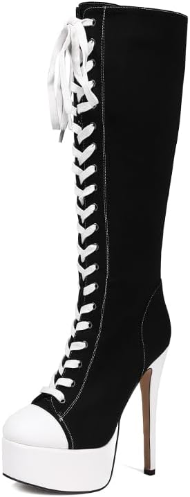 Feinlina Women's Fashion Canvas Knee High Stiletto Boots Round Toe Lace-up Platform Heels Club Party Booties