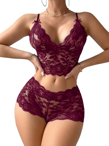 Image of Lilosy Sexy Sheer Floral Lace Pajamas Lingerie Set High Waist Sleepwear Bra and Panty 2 Piece Nightwear