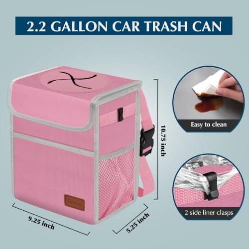 Image of Femuar Leak Proof Car Trash Can with Lid, Collapsible Hanging Waterproof Car Trash Bag with Mesh Pocket for SUV Front Seat Headrest, Light Pink