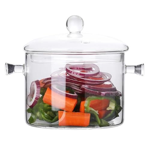 Olla de vidrio de 1900 ml, olla de vidrio con tapa para cocinar, sartén de vidrio transparente resistente a altas temperaturas con doble asa olla de sopa de vidrio para verduras, sopa de fideos