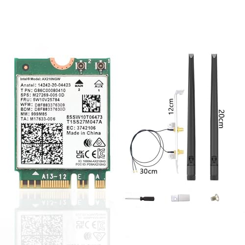 WiFi 6E AX210 NGW Wireless Card, Expand to Tri-Band 6GHz/5GHz/2.4GHz M.2 NGFF Wireless Bluetooth 5.3, AX210 WiFi Chip, Includes Ipex Cable, 8dBi Antennas and Brackets Support Windows 10/11(64 bit)