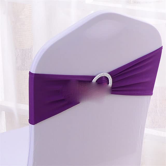 Dekoracje krzeseł, Szarfy na krzesła, opaska krzesło elastanowa szarfa krawatowa kokardka z klamrą pokrycie Event Party dekoracja hotelu, 50 sztuk(Purple)