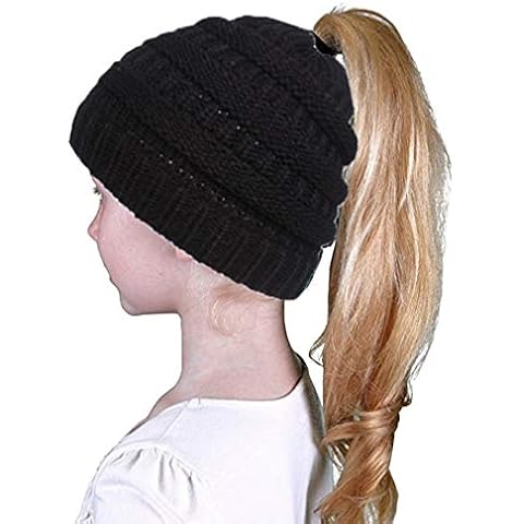 YiyiLai Parent-Child Winter Knit Cap Hole Warm Ponytail Skull Cap Hat Child Black Cover