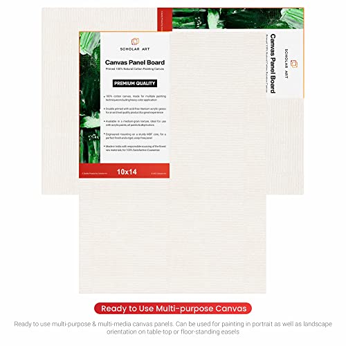 Image of Scholar Art Hobby Series 04 Oz (230 GSM) 100% Cotton Canvas Panel Board for Painting (White Blank Canvas Boards for Acrylic Paint, Oil Paint, Wet & Dry Media) | 10 inchx14 inch (25x35 cm), Pack of 12