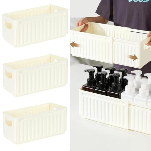 HASONA 伸縮収納ケース 引き出し 伸縮式収納ボックス 3個セット プラスチック 押入れ収納 28~48cm 長さ調整 積み重ね可能 省スペース 小物収納 調味料 衣類 スナック 文房具 化粧品 幅25cm Lサイズ ベージュA
