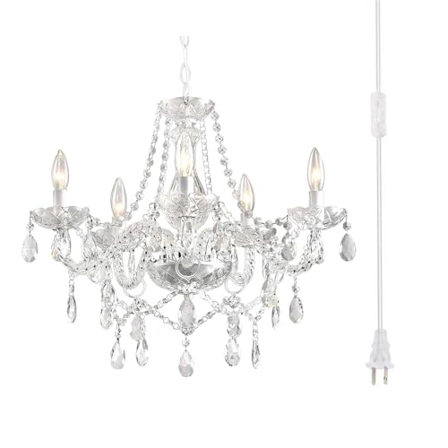 AOLALA Plug in Chandelier White Crystal 5 Light
