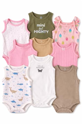 Image of TuddyBuddy 100% Cotton Multicolor Sleeveless Camisole Rompers /Bodysuits for Baby Girl (Pack of 5, 2 Whales 3 Multi, 3-6 Months)