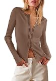 Picture of LAMISSCHE Lightweight Cardigans For Women Ribbed Long Sleeve Button Down Shirts Casual Going Out Tops Fitted Shirts(Brown,S)