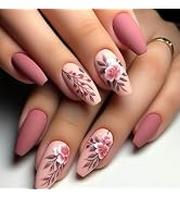 Pink Medium Coffin Press on Nails Flower Fake Nails Glossy Pink Acrylic Nails Full Cover with Emb...
