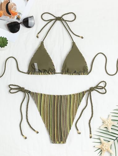 Image of ZAFUL 2 Piece Triangle Bikini for Women Knitted Rope Halter Bikini Sets Sexy Bathing Suit Side Tie Swimsuits Beachwear