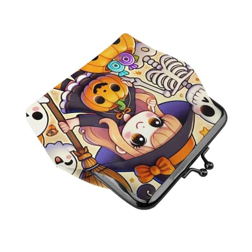 Pu Leather Buckle Coin Purse Kawaii-Halloween-Witches-Skeletons Girls Kiss-Lock Change Purse Wallets3