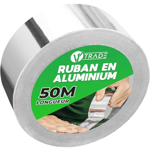 V1 TRADE Ruban Adhésif Aluminium – 48mm x 50m Bande Aluminium Adhesive Haute Temperature 140°C - pour Installateurs et Électriciens - Résistant aux UV,...
