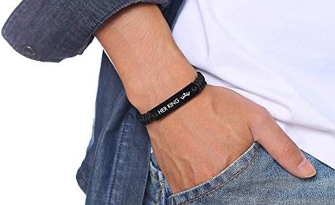 XUANPAI Handmade Braided Matching Couple Bracelets His Queen Her King Bracelet Loving Gifts Valentine's Day Birthday Anniversary Adjustable Bangles Unisex (Black/Silver, KingQueen)